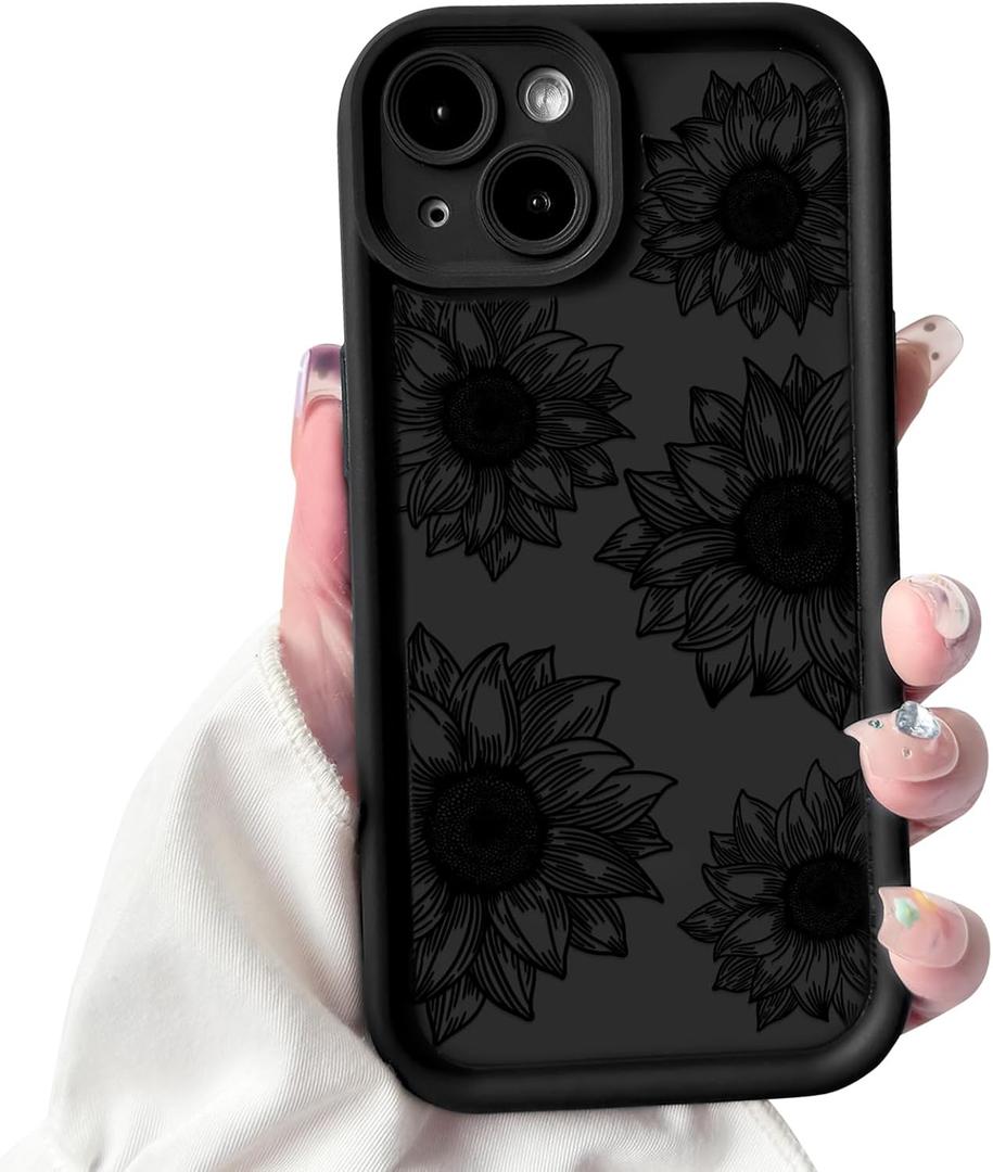 2 x NITITOP Compatible with iPhone 14 Plus Case Cute Sunflower Floral Design for Women Girls Flower Artistic Soft TPU Shockproof Protective Full Camera Protection Cover - Black