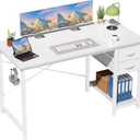 Sweetcrispy 47 Inch Computer Desk with Drawers Home Office Gaming X-Shaped Reinforcement Modern Wood Study Surface Side Hook Sturdy Metal Frame Large Storage Station White