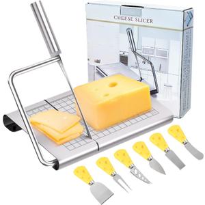Cheese Slicer, with Measuring Grids Board & 6 Piece Cheese Knives, Stainless Steel Cheese Cutter with Blade, for Block Cheese, Butter and Sausages, Dishwasher Safe