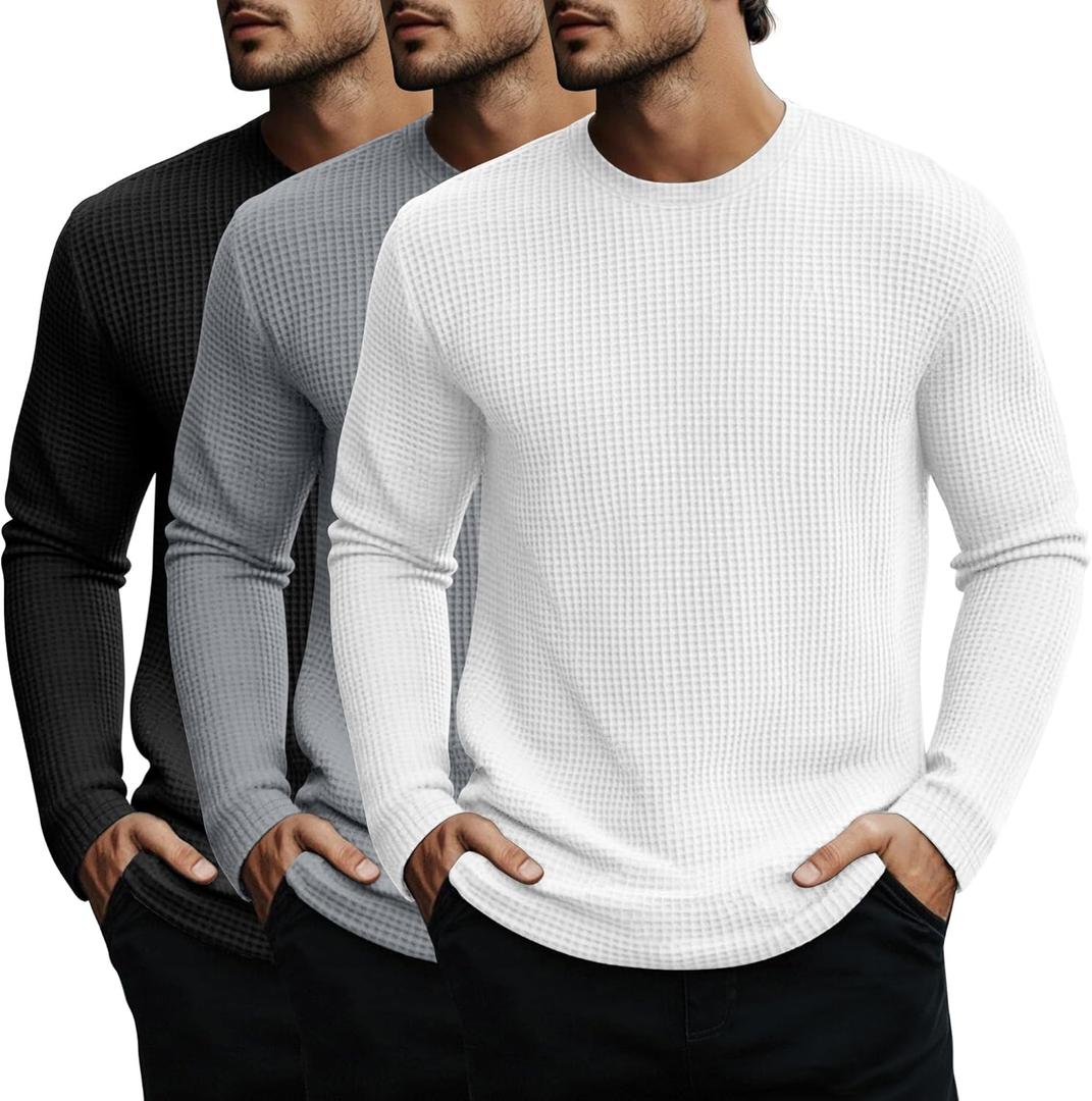 Evervibe 3 Pack Men's Big and Tall Long Sleeve Shirts, Waffle Crew Neck Thermal Underwear Tops Lightweight Casual Undershirts (Black, XXXL)