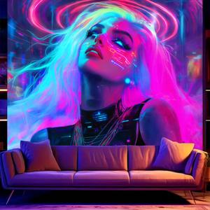 BSFHH Black Light Tapestry – UV Reactive Glow in the Dark Wall Hanging, Long-Haired Woman and Animal Black Light Tapestry, Wall Hanging Fluorescent Art Decoration, Bedroom, or Dorm (white-haired woman, 79"x59")