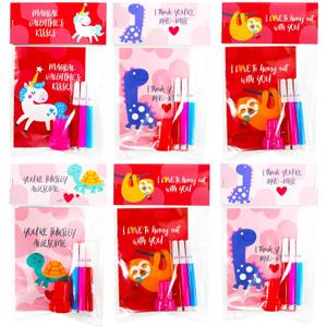 SUNCOLOR 28 Pack Valentines party favors for Kids School Classroom Exchange - Complete Non-Candy Kit with Cards, Activity Books, Stamps, Markers & Goodie Bags
