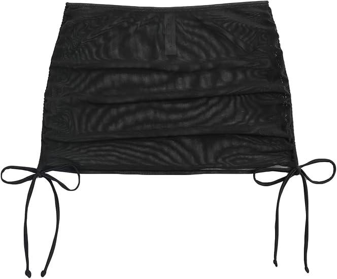 Women's Mesh Sheer Drawstring Solid Summer Bikini Cover Up Skirt (Black, Medium)