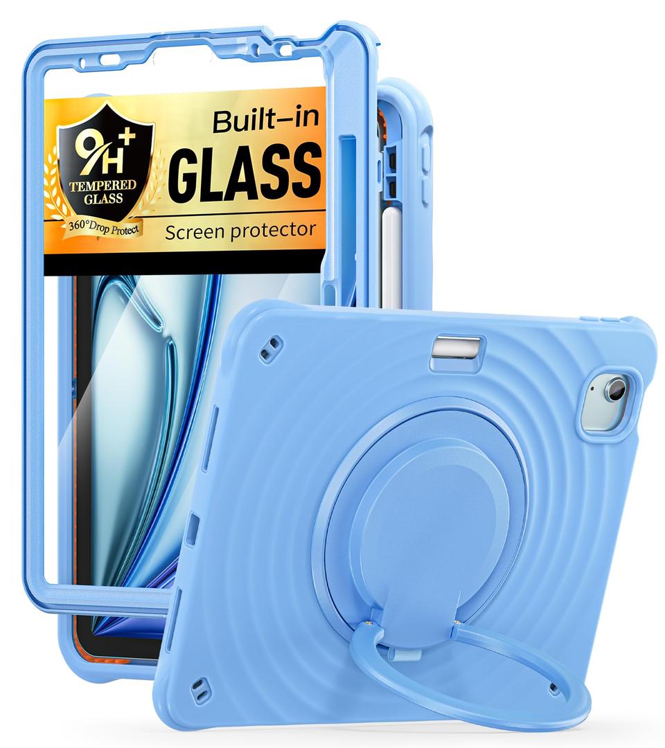 BATYUE Case for iPad Air 11 inch M4 (2026)/M3 (2025)/M2 (2024), iPad Air 5th/4th 10.9 inch(2022/2020), iPad Pro 11" 4th/3rd/2nd/1st with Class Screen Protector,Kickstand & Pencil Holder,SkyBlue