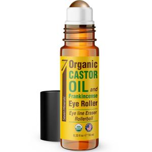 Seven Minerals Organic Castor Oil Roll On Eye Roller for Under Eye Bags, Dark Circles & Wrinkles - Organic Blend of Castor Oil And Frankincense - Brightens, and Revitalizes Skin & Face - 0.33 fl oz