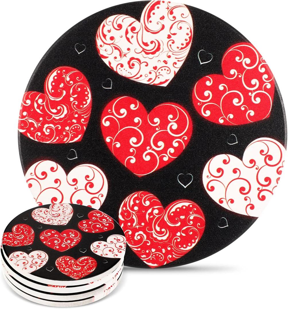 4 Pieces Valentine's Day Coasters Love Absorbent Ceramic Round Quick Drying Coaster with Cork Base Red Heart Romantic Beer Coasters for Drinks Coffee Mug Glass Cup Mat Tabletop Protection