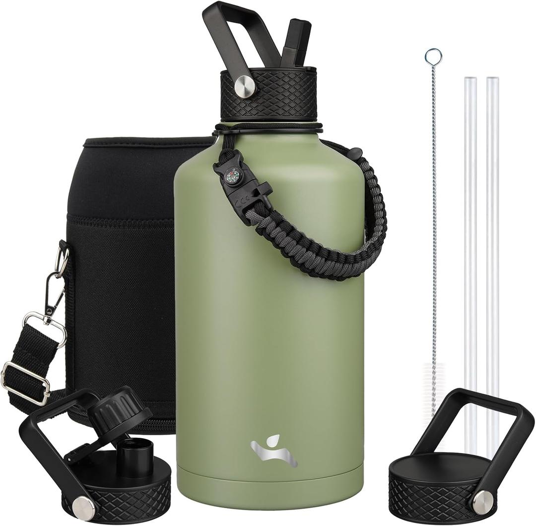 Konokyo Insulated Water Bottle with Straw,87 oz 3 Lids Water Jug with Carrying Bag,Paracord Handle,Double Wall Vacuum Stainless Steel Metal Flask,Camp Green