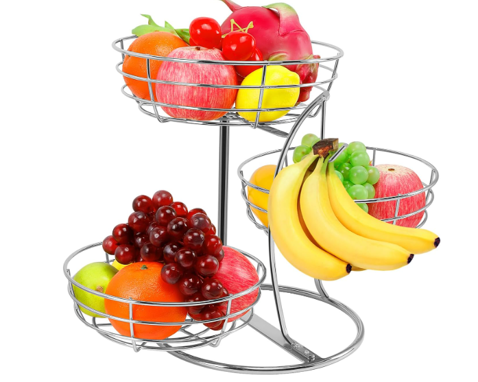 Livabber Fruit Basket Bowl with Banana Hanger, Fruit Vegetable Storage Basket with Banana Tree Holder for Kitchen Counter, Detachable Organizer for Bread Snack Produce (Silver, 3-Tier Metal Base)