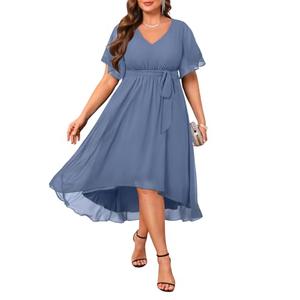 Dusty Blue Dress Wedding Guest Dresses Plus Size Formal Mother of the Bride Chiffon Short Sleeve High Low Curvy Women 22W