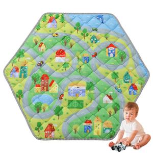 HOMBYS Hexagon Playpen Mat, 52x45 Thicken Soft Playpen Mat Fits Hexagon Portable Play Yard & Playpen, Washable Baby Play Mat Non-Slip Mat for Toddler Kids Crawling & Play, (Road & Car Pattern)