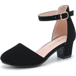 Girls Dress Shoes Closed Toe Chunky High Heels Ankle Strap Wedding Party Pump Shoes (4 Big Kid, Lovely Nubuck Black)