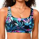 Women Sport Bra Swimsuit Top - Swim Bra Bikini Top Only Scoop Neck Bathing Top 2025 Swimwear (Small, Blue Leaves)