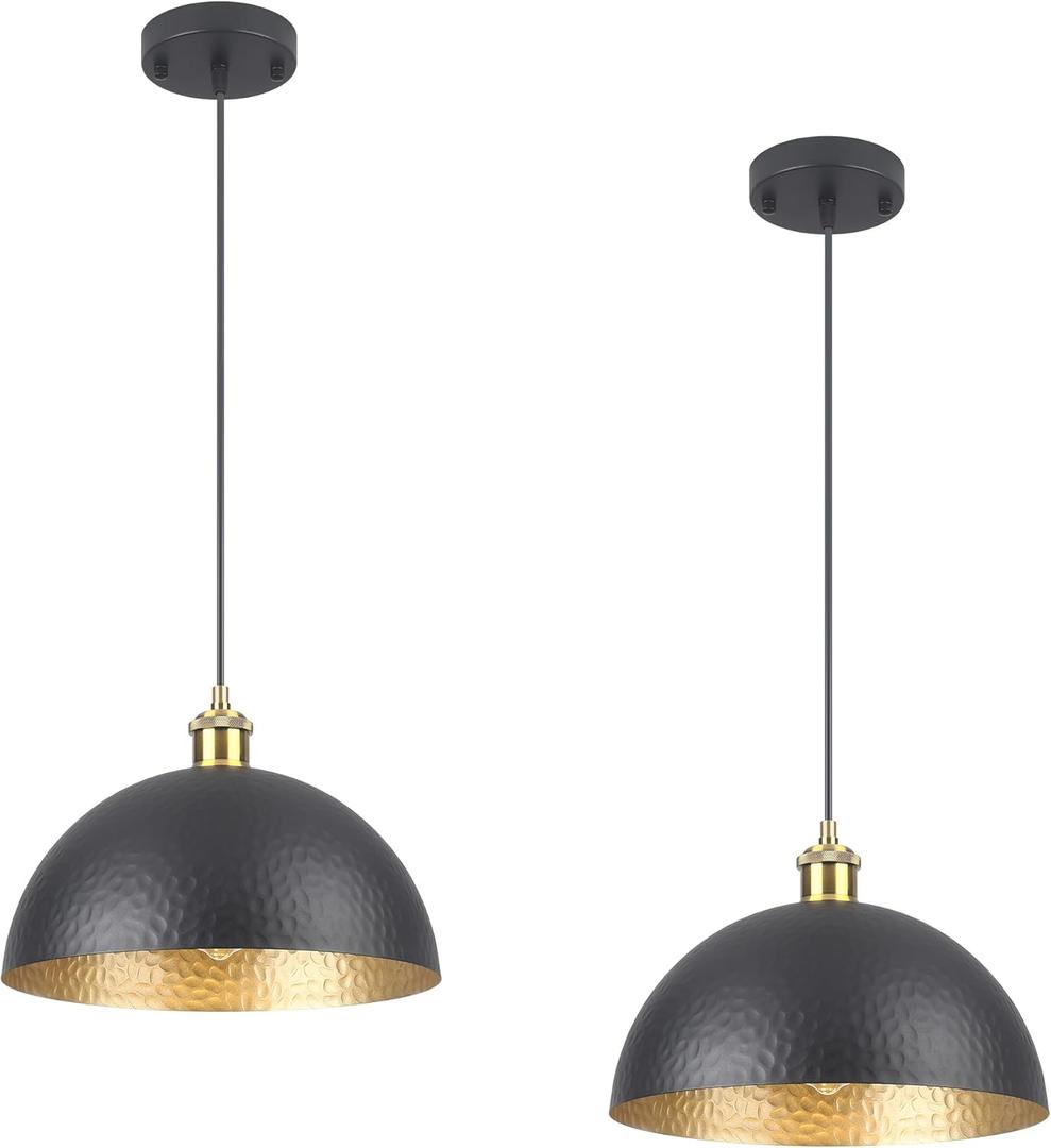 Black Farmhouse Pendant Light with Hammered Metal Shade Vintage Dome Pendant Light Adjustable Hanging Lighting fixtures for Kitchen Island Dining Room Hallway and Bar 2 Pack