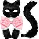 Cat Costume for Women - Therian Furry Mask, Bow, Paw Gloves, Long Tail - Fox Outfit Set for Halloween, Pack Of 5 Costumes
