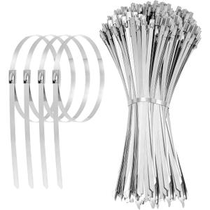 2 x 11.8 Inch 100 Pcs 304 Stainless Steel Metal Zip Ties Heavy Duty Outdoor Cable Ties with Self-Locking Design for Machinery, Vehicles, Farms, Pipes, Roofs, Cables