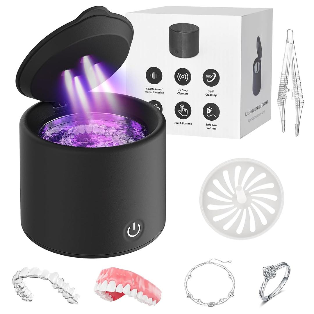 Ultrasonic Cleaner for Retainers & Aligners - 50kHz Dental Pod for Invisalign, Braces, Dentures, Night Guards, 200ml 3 Modes, Deep Clean for Fresh Retainers, Black