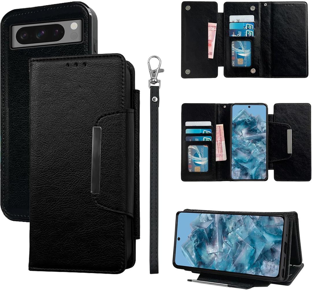 Trifold Wallet Case for Google Pixel 8 Pro 5G with Detachable Magnetic Flip Purse Wrist Strap Card Holder, Luxury PU Leather Stand Cell Phone Cover for Pixel8Pro Pixel8 XL Eight 8Pro Black