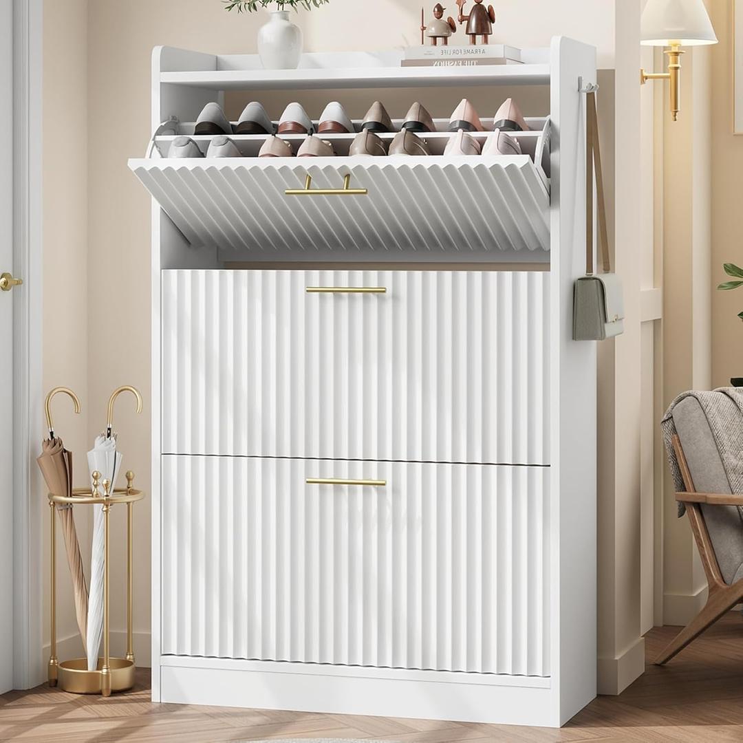 Jocoevol Shoe Storage Cabinet with 3 Flip Drawers, Fluted Freestanding Shoe Cabinet Storage for Entryway with Adjustable Shelf, Hidden Shoe Rack Cabinet for Foyer, Hallway (Milky White)