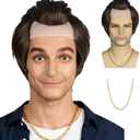Short Brown Balding Man Cap Receding Hairline Synthetic Funny Costumes Wig with Gold Chain