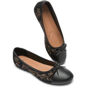 Womens Flats Shoes with Pomegranate Floral Embroidery, White Flats with Bow, Comfortable Round-Toe Flats Shoes, Black Dress Shoes for Women(Soft Memory Foam Insole)(Black.US5)