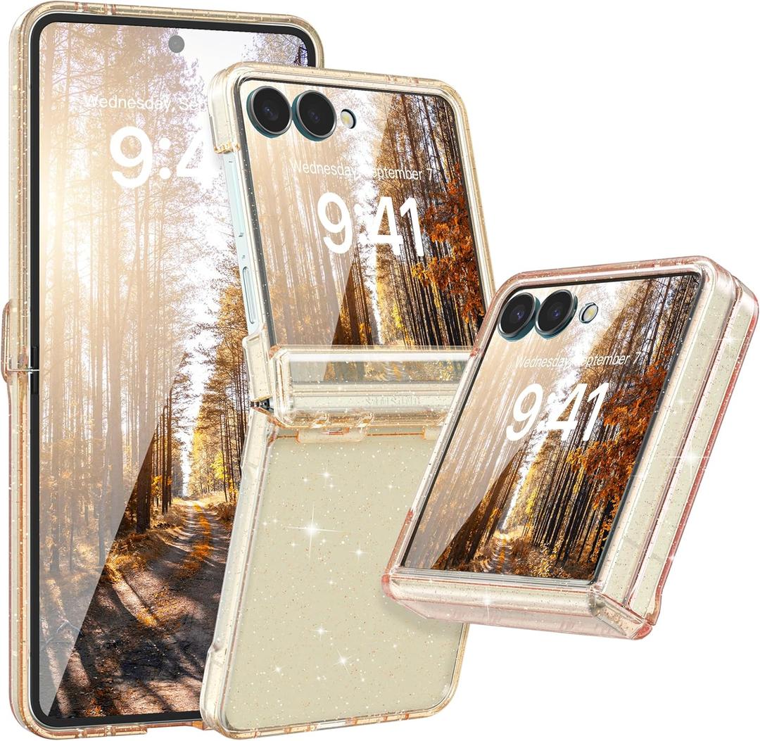FABSPARK Case for Samsung Galaxy Z Flip 7 Built-in Screen Protector,Hinge Protection,Sparkly Bling Glitter Crystal Clear Transparent Slim Fit Acrylic Hard PC for Samsung Z Flip 7 Case,Glitter Yellow