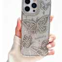 for iPhone 15 Pro Max, Cute 3D Butterfly Glitter Case 6.7" Plated Slim Protective Cover with Camera Protection, Drop-Resistant Bumper for Women & Girls (Silver)