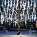 Meteor Shower Lights Outdoor Christmas Lights 24-Tube 576LEDs Snow Falling Rain Cascading Icicle String Light for Xmas Tree Christmas Decorations Wedding Party Holiday Yard Garden Decor, UL Plug White
