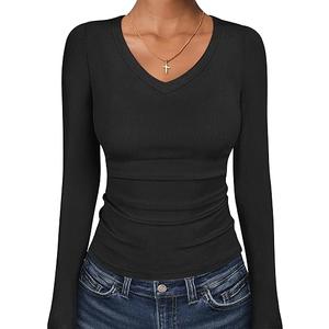ANRABESS Long Sleeve Shirts for Women V Neck, Blue, Extra Small