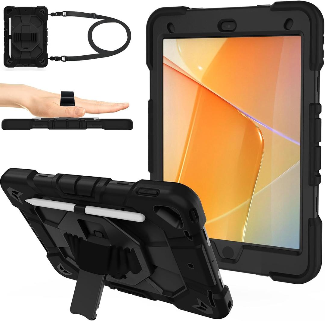 Case for iPad 9th/8th/7th Generation Case 10.2" InchShockproof Hard Cas Cover Compatible with iPad 9th/8th/7th Gen,360 Rotating Stand, Hand Strap, Shoulder Strap, Pencil Holder(Black)