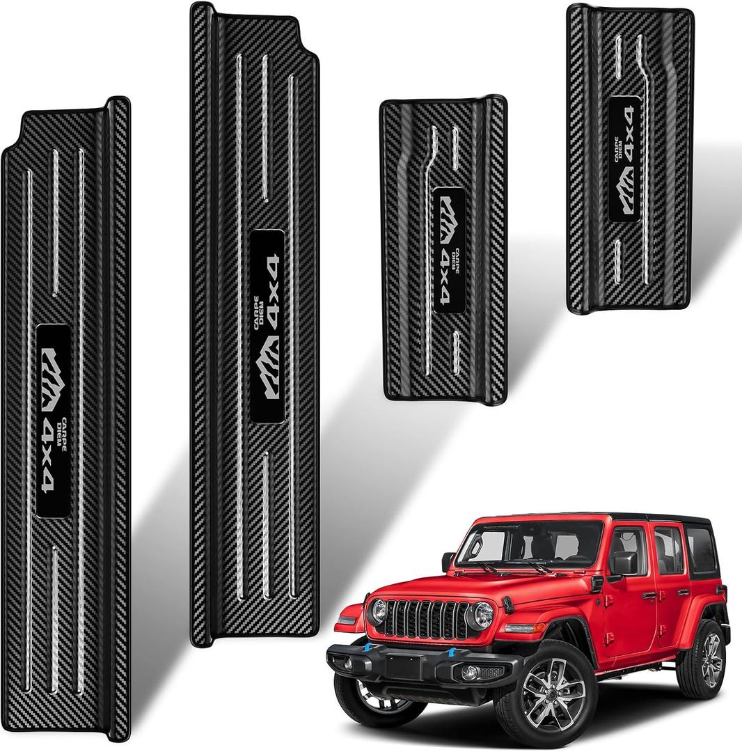 4PCS Door Sill Guards for Jeep Wrangler 2018-2025 JL JLU & 2020-2025 Gladiator JT Accessories, Stainless Steel Door Sill Protector,Unlimited Sport Sahara Rubicon 4 Door (Carbon Fiber)