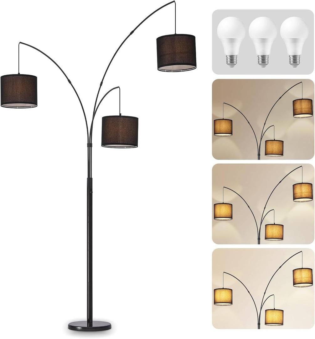DLLT Modern Floor Lamp for Room: 3-Light Black Tree Dimmable Floor Lamps with Black Shades for Living Room - Arc Standing Lamp for Bedroom - Tall Floor Lamp for Office Corner 3 LED Bulbs Included