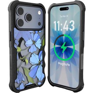 iPhone 17 Pro MagSafe Case - Gripzilla Protective Magnetic Case for Men [Rugged + Tough] Military Grade Heavy Duty Grip Armor - Drop Tested for Apple iPhone 17 Pro - Blue Blossoms