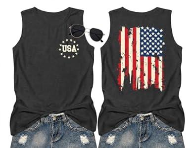 American Flag Tank Tops Women Patriotic Shirt USA Flag Stars Stripes Print Sleeveless T-Shirt 4th of July Tee Tops M