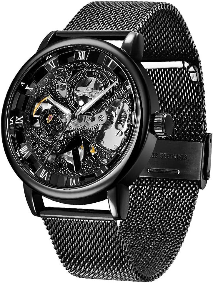 Men's Skeleton Mechanical Roman Numeral Mesh Strap Watch, Hand Winding Mechanical Mesh Luminous Waterproof Watch for Men (WIN067-black)