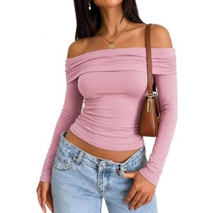 Prettywear Women's Sexy Off Shoulder Tops Dressy Long Sleeves Going Out Nightout Shirt 2025 Fall Clothes(Dusty, S) Mauve