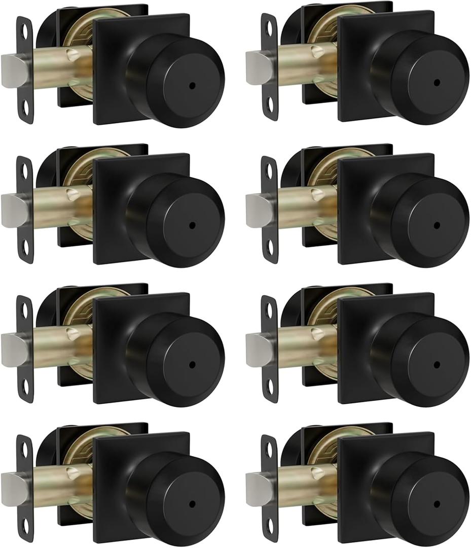 goldenwarm 8 Pack Matte Black Door Knobs Interior, Privacy Door Knob Bedroom, Black Interior Door Knobs with Square Plate