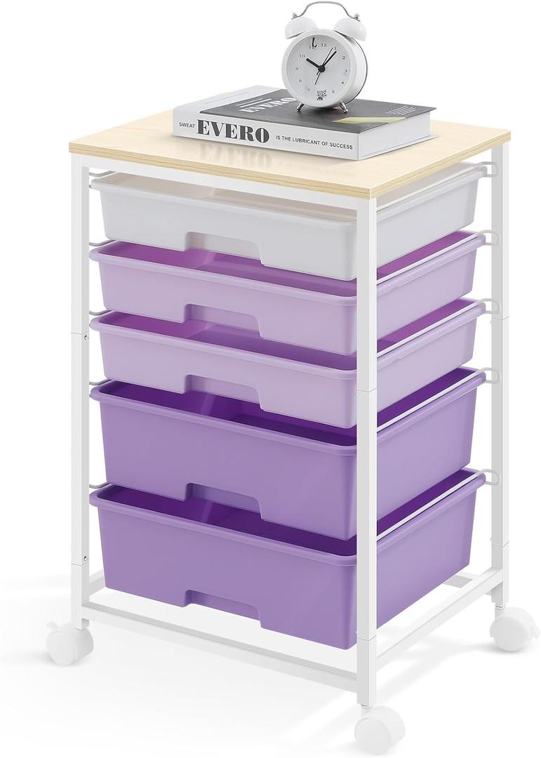 SYKIARIOL Utility Cart with 5 Drawers,Storage Drawer Cart with Wooden Tabletop and Lockable Wheels,Craft Storage Trolley Cart,5-Tier Rolling Utility Cart on Wheels,Purple