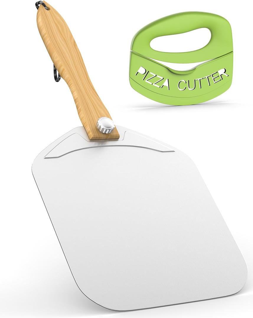 Aluminum Metal Pizza Peel, Pizza Peel 12 inch with Foldable Wood Handle, Pizza Spatula, Pizza Spatula for Oven, with Pizza Cutter, Pizza oven accessories (12'' x 14'')