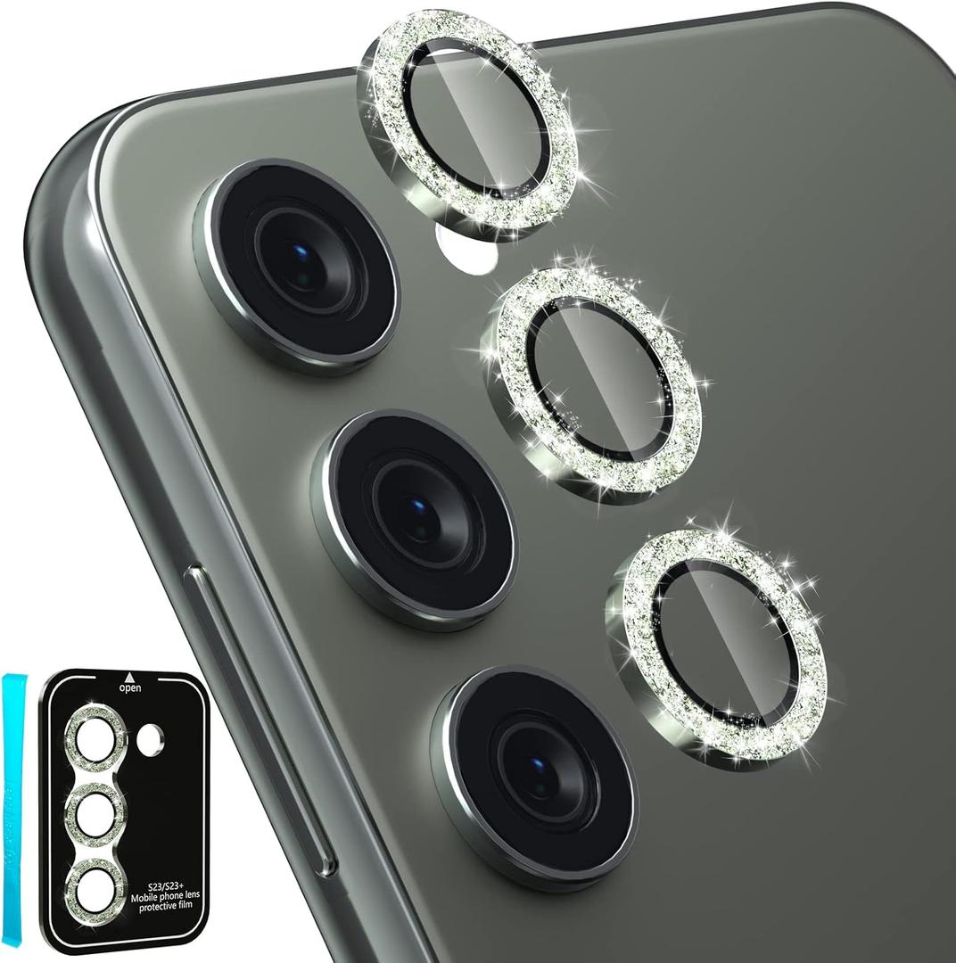 CloudValley [3 Pcs] for Samsung Galaxy S24 / S23 Plus Camera Lens Protector, 9H Tempered Glass + Aluminum Alloy Metal Individual Lens Protective Ring for S24 / S23+ 5G 2023, Glitter Green