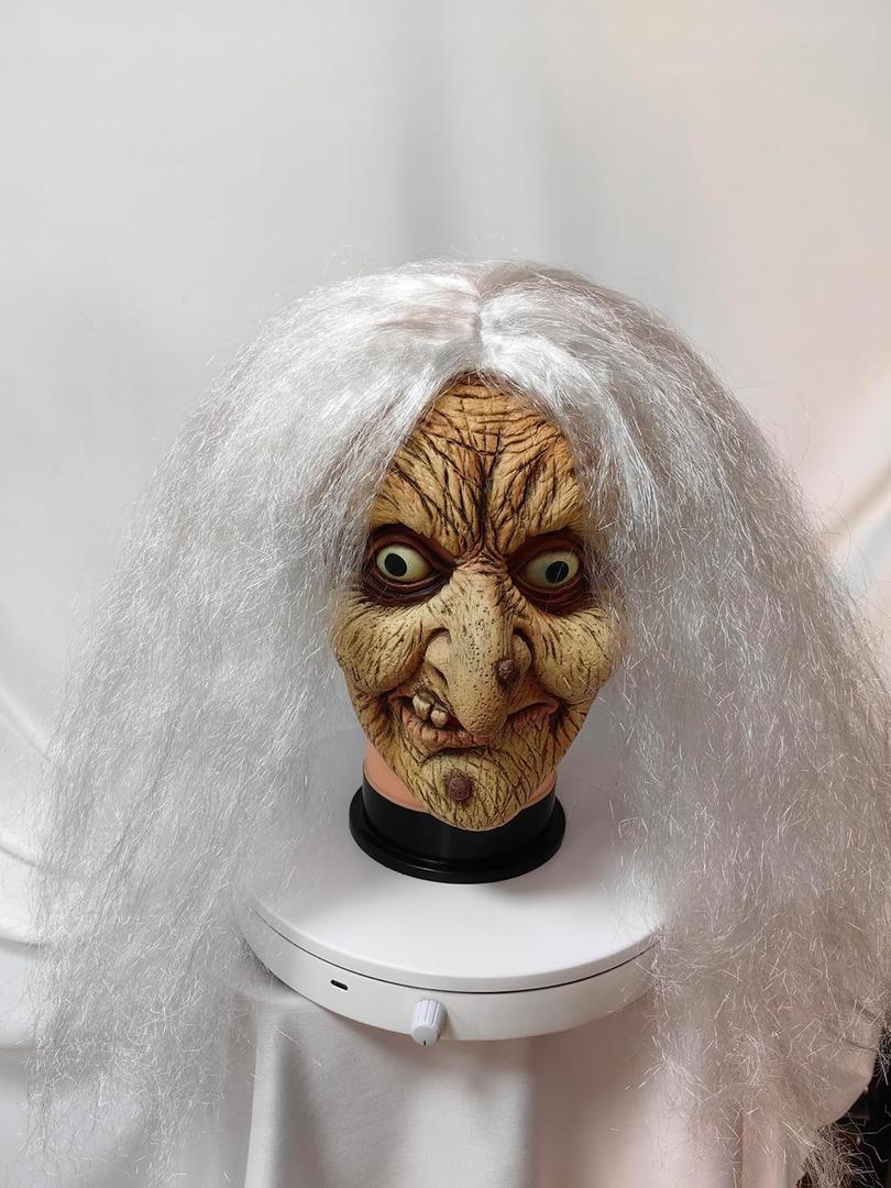 Old Lady Witch Mask with White Hair, for Halloween Costume Party, Masquerade