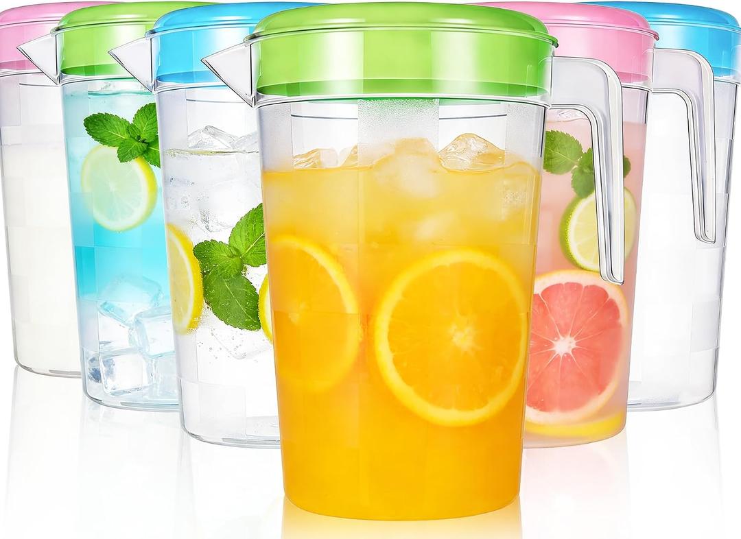 6 Pcs 70 Oz Water Plastic Pitcher with Handle and Lid,Tea Pitcher With Lid for Easy Pouring, Half Gallon 2 Quart Round Water Pitcher for Juice Iced Tea Lemonade,Assorted Colors