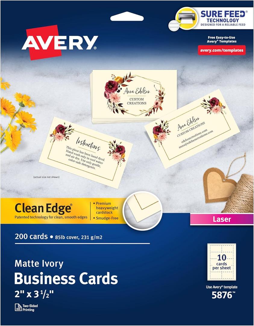 Avery Clean Edge Printable Business Cards with Sure Feed Technology, 2" x 3.5", Ivory, 200 Blank Cards for Laser Printers (5876) (One Size)