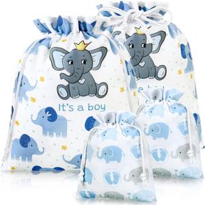 Sadnyy 4 Pcs Large Baby Shower Drawstring Gift Bags for Boy Reusable Fabric Wrap Bags 20 Inch Large 12 Inch Medium Elephants Treat Sacks for Baby Shower Child's Birthday Gender Reveal Party