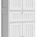 ChooChoo 51" H Tall Bathroom Floor Cabinet, Modern Bathroom Storage Cabinet with Drawer and Adjustable Shelves, Freestanding Kitchen Pantry Cupboard with 4 Doors for Living Room, White, 11.81"D x 23.62"W x 51.18"H