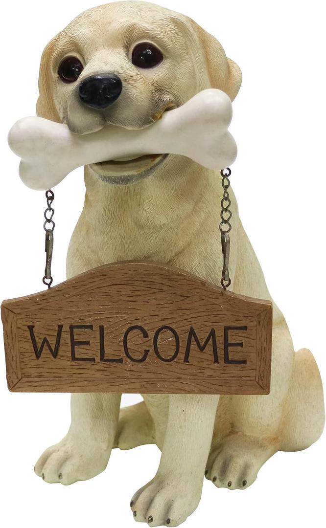 Nature's Mark Labrador Retriever Dog Puppy Statue with Reversible Welcome Sign and Go Away Sign Resin Garden Decor 12" H