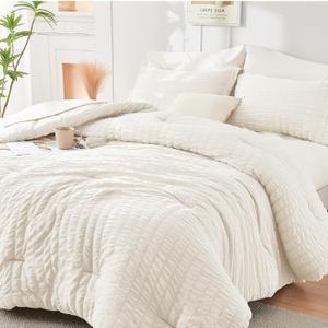 HYMOKEGE Ivory California King Comforter Set Seersucker 7 Pieces, All Season Luxury Bed in a Bag for Bedroom, Bedding Set with Comforters, Sheets, Pillowcases & Shams