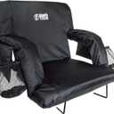BRAWNTIDE Stadium Seat with Back Support - Comfy Cushion, Thick Padding, 2 Steel Bleacher Hooks, 4 Pockets, 2 Cup Holders, Reclining Back, Ideal Chair for Sport Events, Beaches, Camping, Concerts (Regular - Width 20.5 Inches, Black)