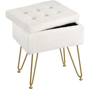 Seventable Vanity Stool Chair with Storage, Teddy Velvet Soft Ottoman, 4 Metal Legs with Anti-Slip Feet, Furry Padded Seat, Multifunctional Stool for Makeup, Footstool, Bedroom, White