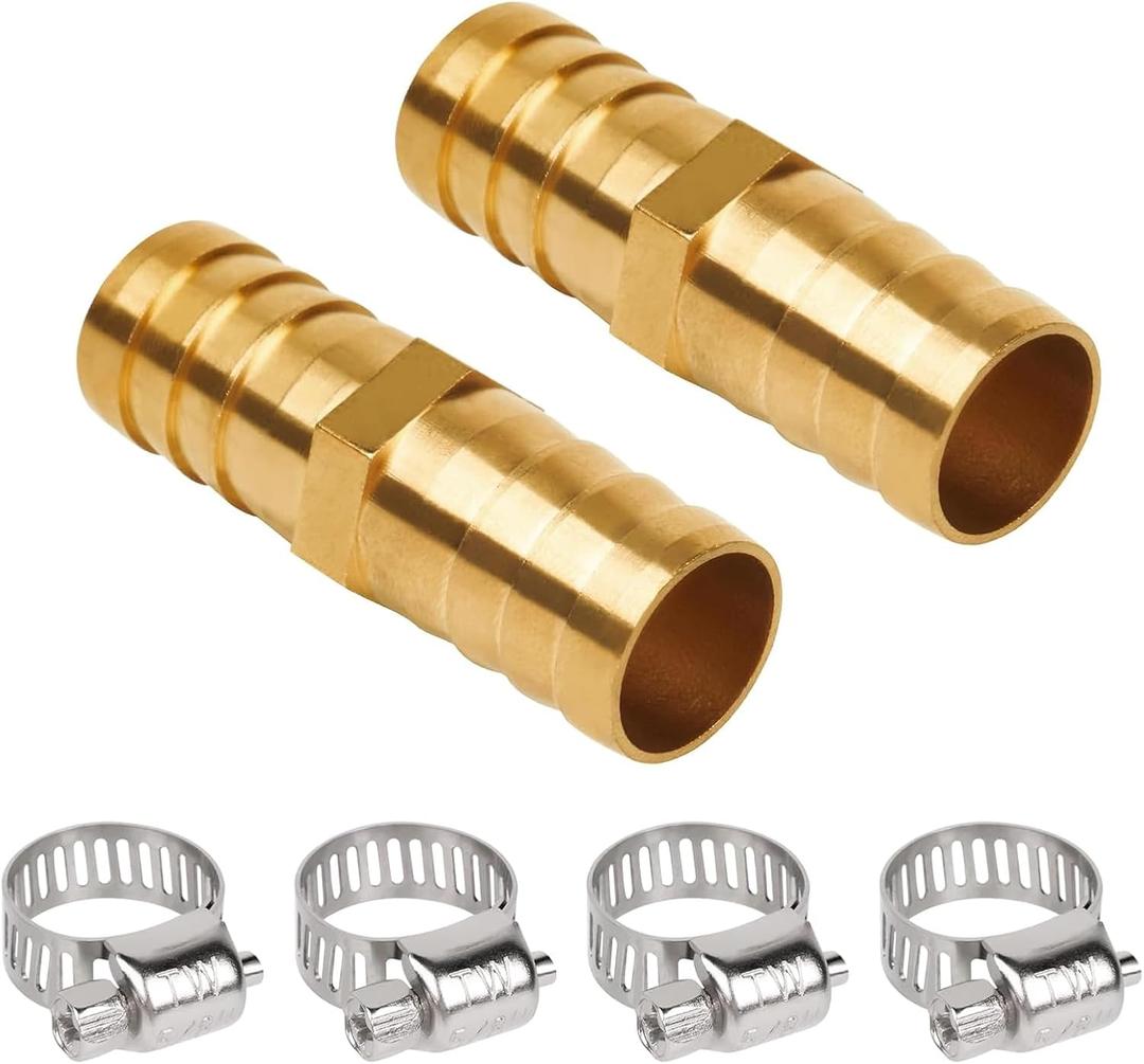 3/4" Barb Fitting, Brass Hose Barb Union Splicer, Heavy-Duty and Leak-Free Hose Repair Kit for Air, Water, Fuel Line, 4 Stainless Steel Clamps Included, 2 Pack