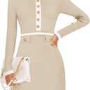 ZESICA Women's Fall Long Sleeve Bodycon Sweater Dress Crewneck Button Knit Color Block Party Mini Dresses (Beige, S)